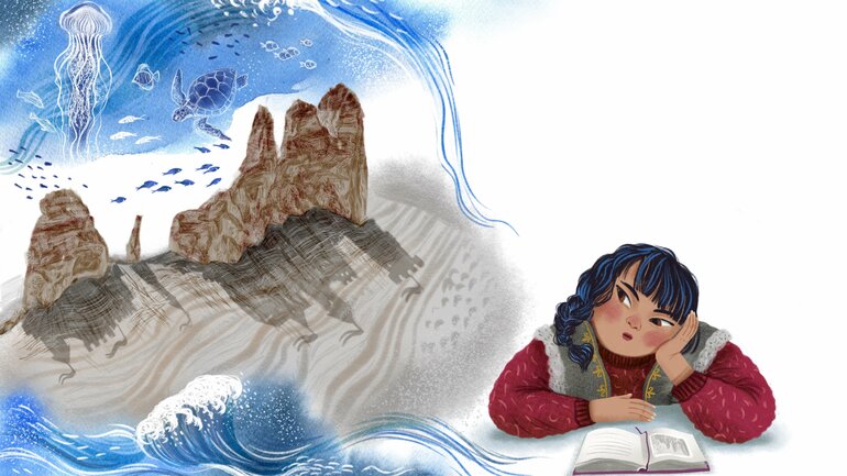 Colourful illustration: A girl with a book gazes thoughtfully into the air. Next to her are drawings of fish and other sea creatures, rocks and foaming waves.